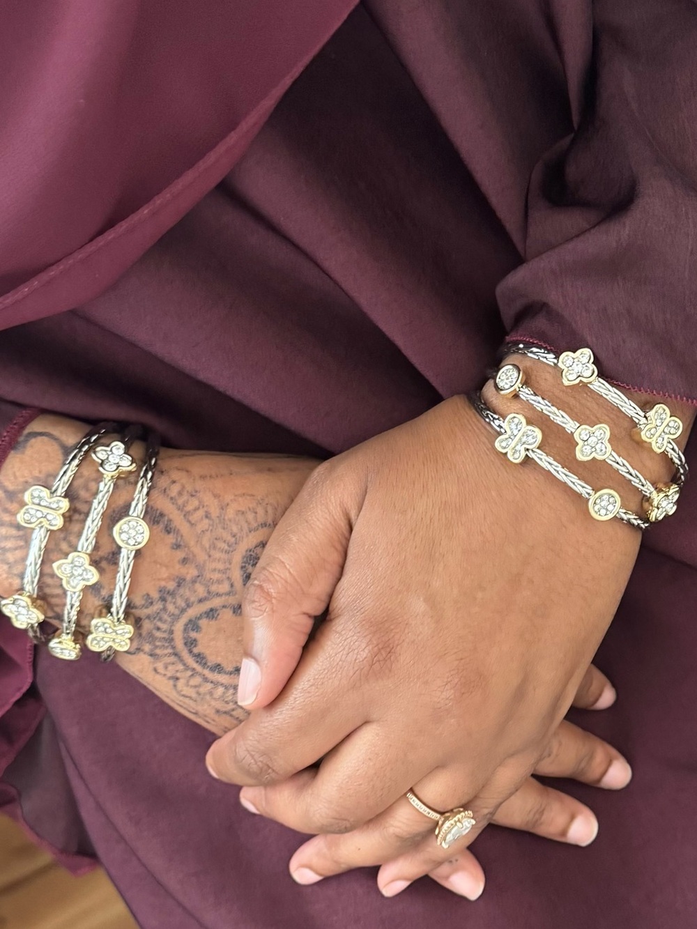 Two-Tone Crystal Butterfly & Floral Cuff Bracelet